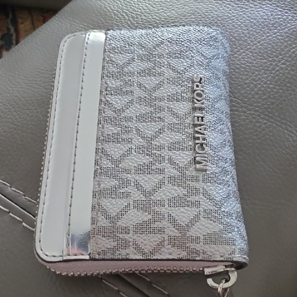 Michael Kors Silver White Metallic Monogram Zip Card Wallet